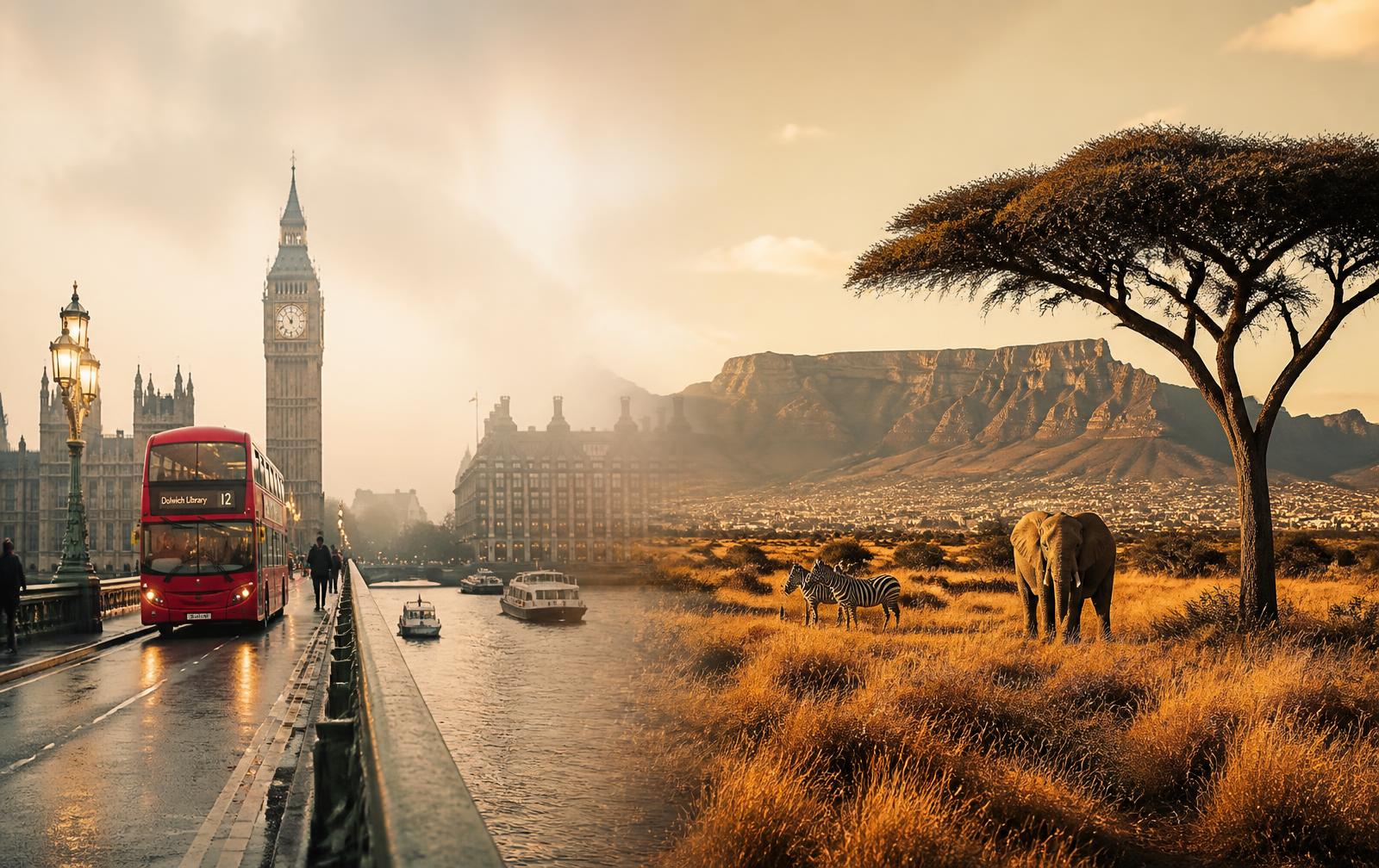 London riverside on one side and a South African savanna at golden hour on the other